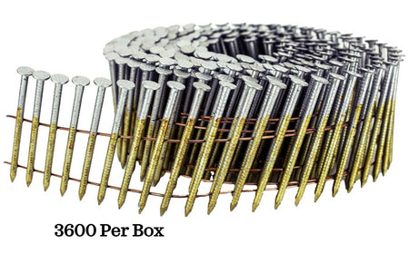 Coiled strip of Kratos 15° wire weld nails with round heads and pointed tips, held together by wire for pneumatic nail gun loading; labeled '3600 Per Box' for bulk packaging reference.