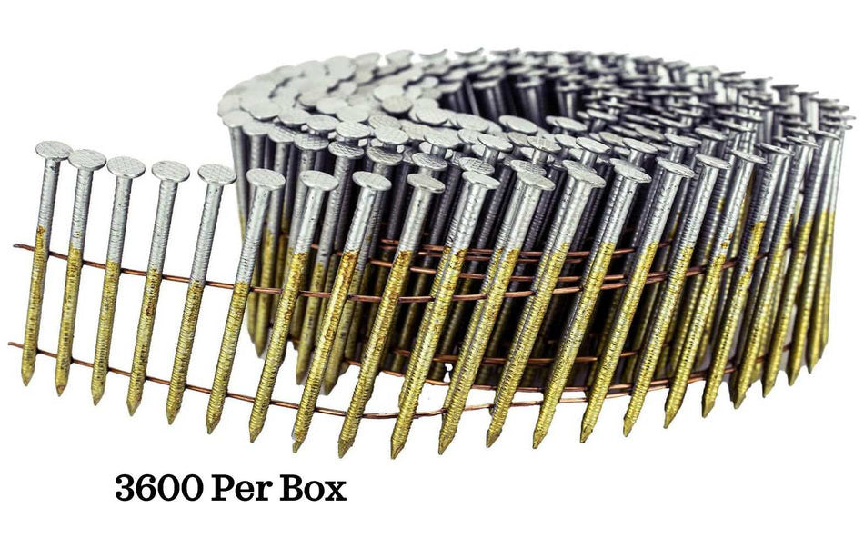 Coiled strip of Kratos 15° wire weld nails with round heads and pointed tips, held together by wire for pneumatic nail gun loading; labeled '3600 Per Box' for bulk packaging reference.