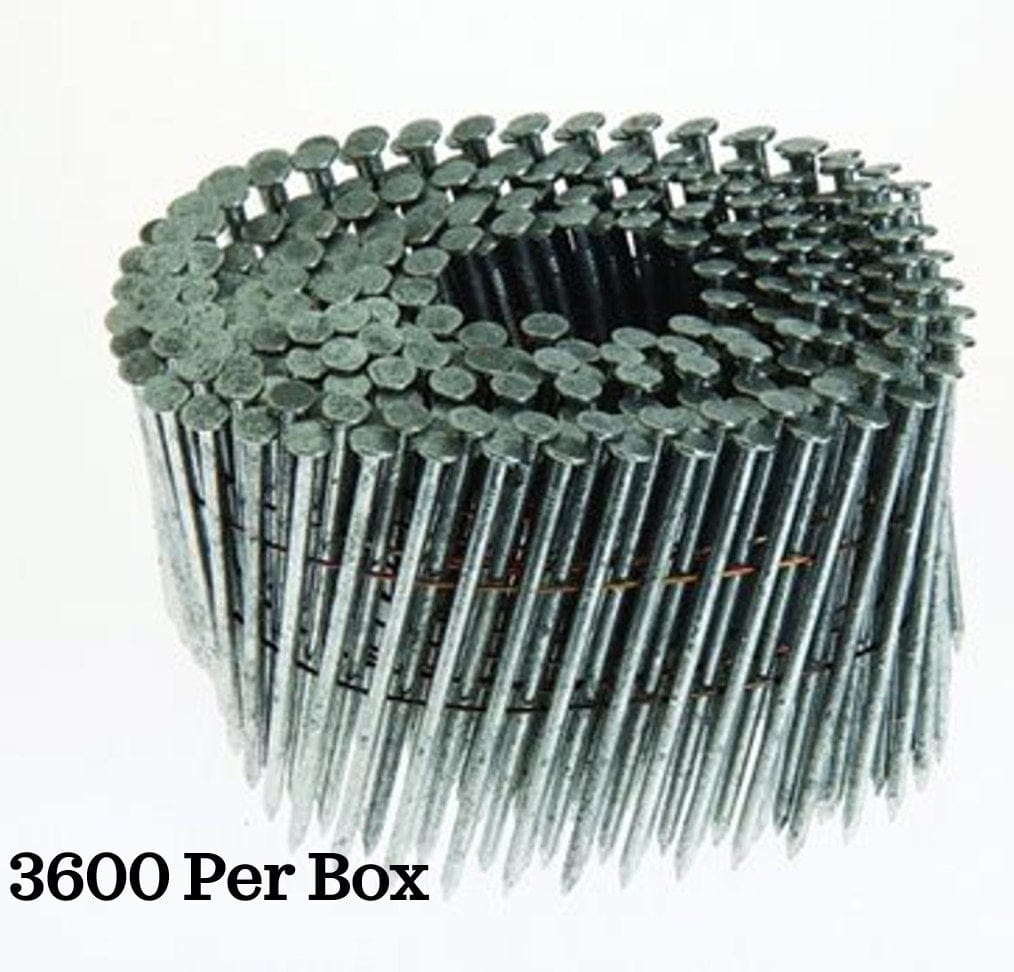 Coil of Kratos 15° wire weld nails arranged in a circular pattern, connected by thin wires for pneumatic nail gun use; labeled '3600 Per Box' to indicate bulk quantity for construction projects.