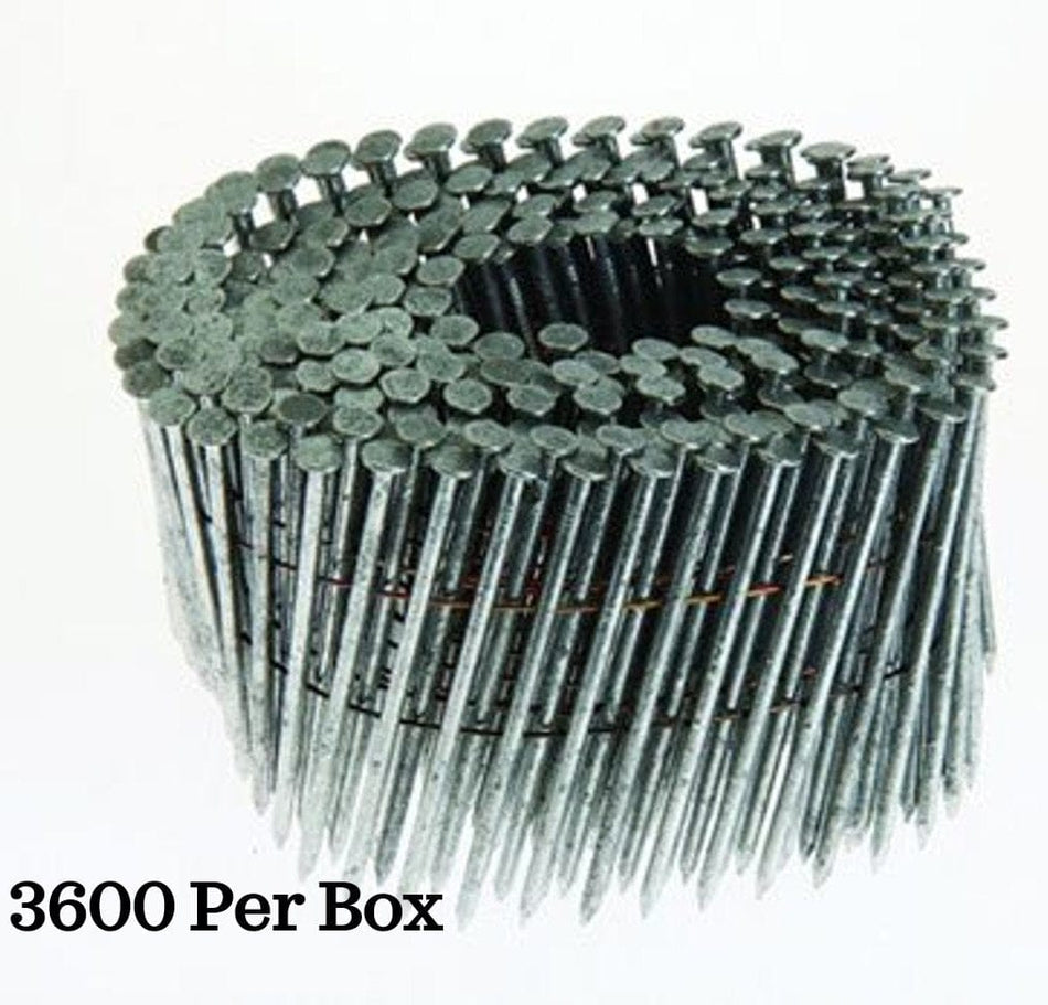 Coil of Kratos 15° wire weld nails arranged in a circular pattern, connected by thin wires for pneumatic nail gun use; labeled '3600 Per Box' to indicate bulk quantity for construction projects.