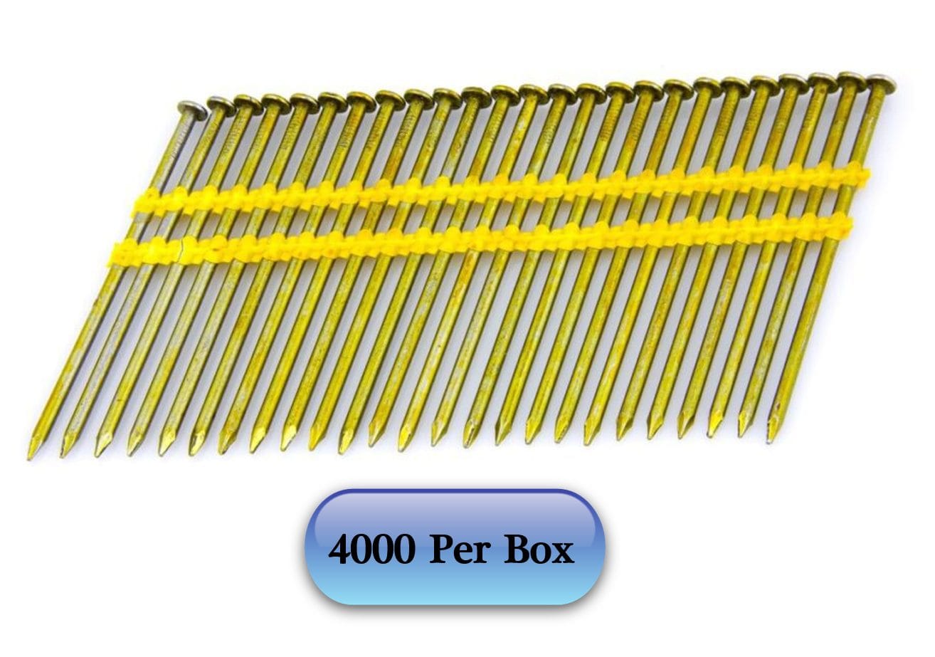 Strip of Kratos 3" screw shank galvanized framing nails collated with yellow plastic strips, arranged diagonally. Nails have flat heads and uniform spacing for use in pneumatic nailers. Text below reads "4000 Per Box," indicating contractor-grade bulk packaging for high-volume framing applications.