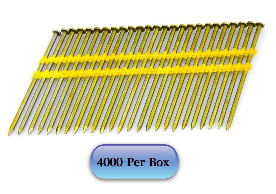 Strip of Kratos 3" screw shank galvanized framing nails collated with yellow plastic strips, arranged diagonally. Nails have flat heads and uniform spacing for use in pneumatic nailers. Text below reads "4000 Per Box," indicating contractor-grade bulk packaging for high-volume framing applications.