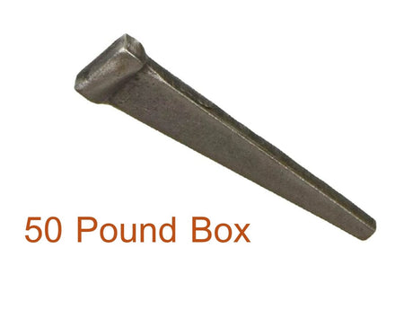 Single steel drive spike with flat head and tapered body, commonly used in railroad or heavy-duty construction. Text below reads "50 Pound Box," indicating bulk packaging. Highlights industrial-grade fastener suitable for anchoring into wood or masonry.