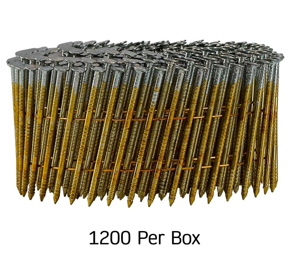 A 1,200 count contractor box coil of Kratos 1-3/4 inch ring shank nails with a hot-dipped galvanized finish and 15-degree wire weld collation for professional siding and fencing.