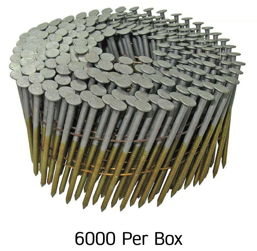 A large circular wire-welded coil of 6,000 Kratos 1-3/4 inch ring shank nails featuring a thick hot-dipped galvanized finish and a 15-degree collation angle for professional-grade siding and fencing applications.