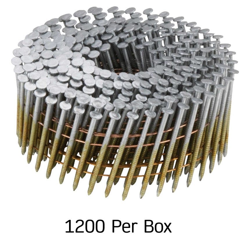 A circular wire-collated coil of 1,200 Kratos 1-3/4 inch smooth shank nails featuring a hot-dipped galvanized coating to provide maximum corrosion resistance in outdoor environments.