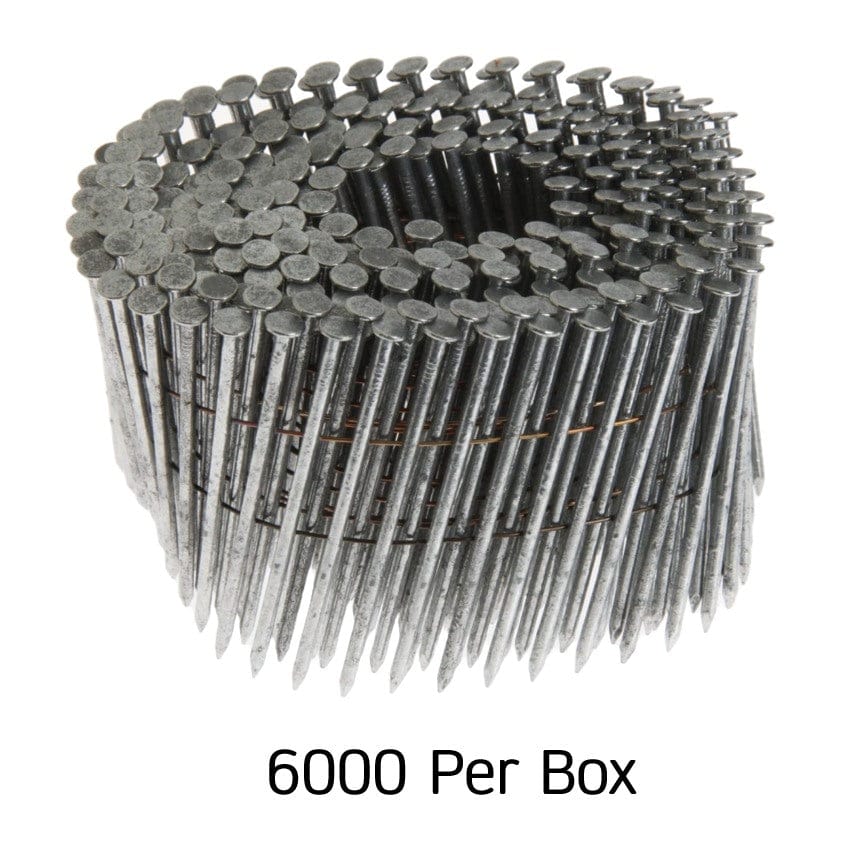 A large, circular coil of 6,000 Kratos 1-3/4 inch smooth shank nails featuring 0-degree plastic sheet collation and a premium hot-dipped galvanized finish for corrosion-resistant siding and fencing installations.