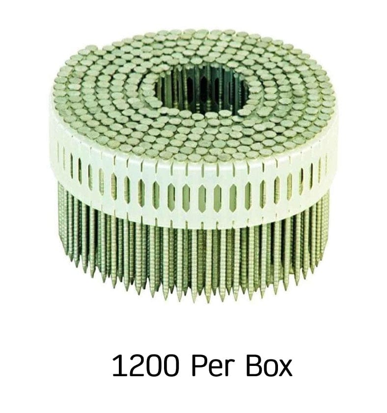 A dense circular coil of 1,200 Kratos 1-7/8 inch ring shank nails featuring a 0-degree plastic sheet collation and a premium hot-dipped galvanized finish for corrosion-resistant siding and fencing.