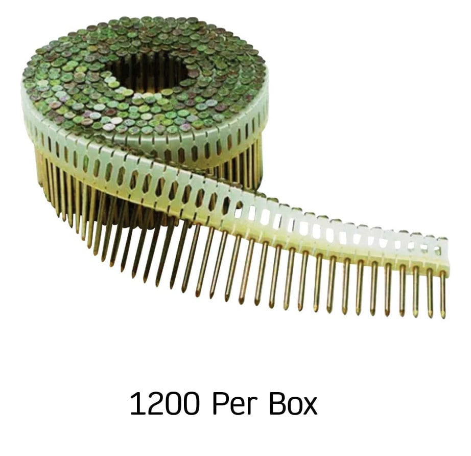 A tightly wound coil of 1,200 Kratos 1-7/8 inch smooth shank nails featuring 0-degree plastic sheet collation and a premium hot-dipped galvanized finish for corrosion-resistant siding and fencing.