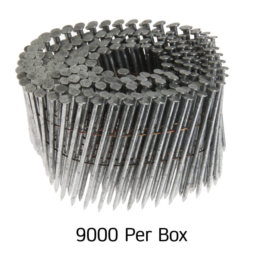 A large circular wire-welded coil of 9,000 Kratos 1-7/8 inch smooth shank nails featuring a thick hot-dipped galvanized finish and 15-degree collation for heavy-duty professional siding and fencing applications.