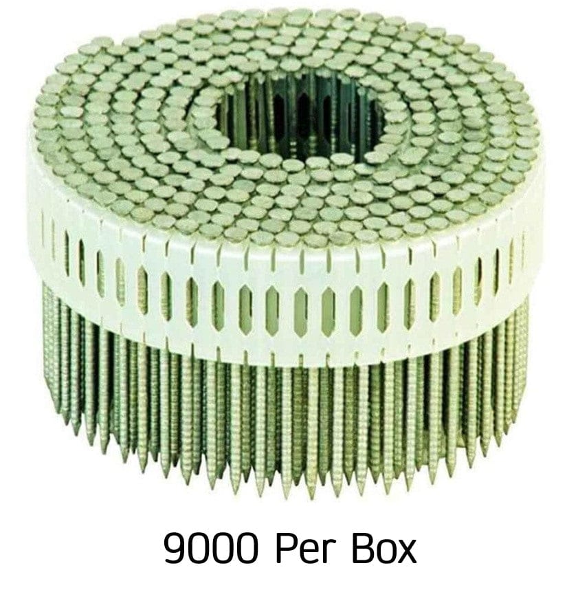 A dense circular coil of 9,000 Kratos 1-7/8 inch ring shank nails featuring a 0-degree plastic sheet collation and a premium hot-dipped galvanized finish for high-performance exterior siding and fencing.