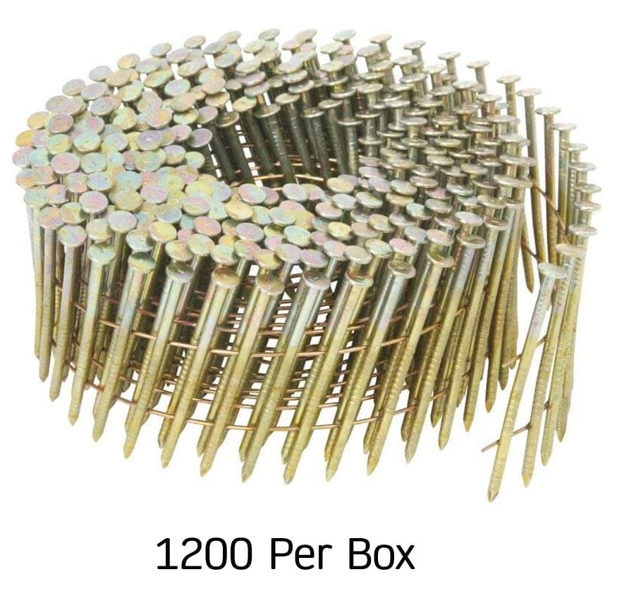 A circular wire-collated coil of 1,200 Kratos 1-7/8 inch ring shank nails featuring a hot-dipped galvanized coating to provide maximum corrosion resistance and holding power.