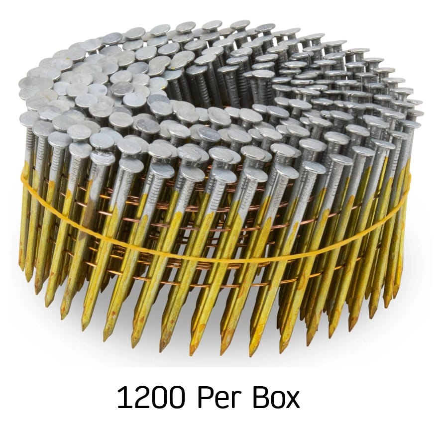 A circular wire-collated coil of 1,200 Kratos 1-7/8 inch smooth shank nails featuring a hot-dipped galvanized coating to provide maximum corrosion resistance.