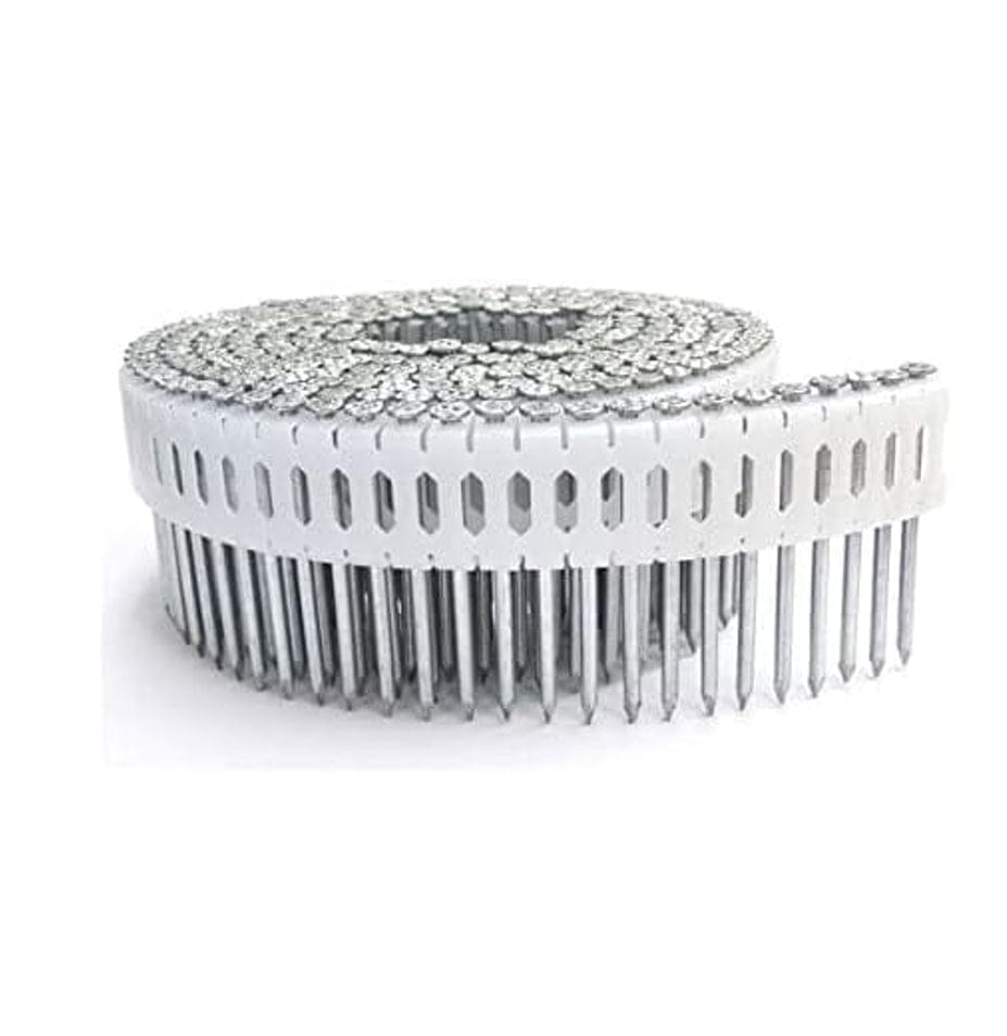 A long coil of Kratos 15-degree framing nails held together by a white plastic collation strip, ready for a pneumatic nail gun.