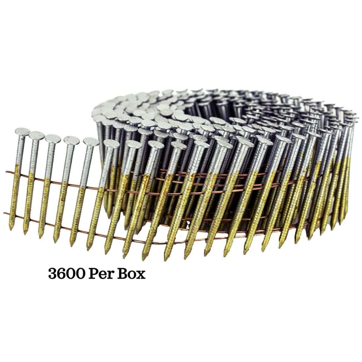 Coiled strip of Kratos 15° wire weld nails with round heads and pointed tips, held together by wire for pneumatic nail gun loading; labeled '3600 Per Box' for bulk packaging reference.
