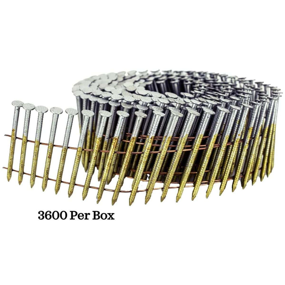 Coiled strip of Kratos 15° wire weld nails with round heads and pointed tips, held together by wire for pneumatic nail gun loading; labeled '3600 Per Box' for bulk packaging reference.