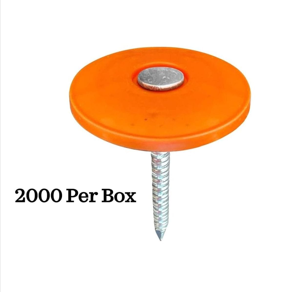 Close-up of a single Kratos 1 1/4 inch electrogalvanized ring shank roofing nail with an orange plastic cap, shown against a white background. The text "2000 Per Box" is visible to the left of the nail.