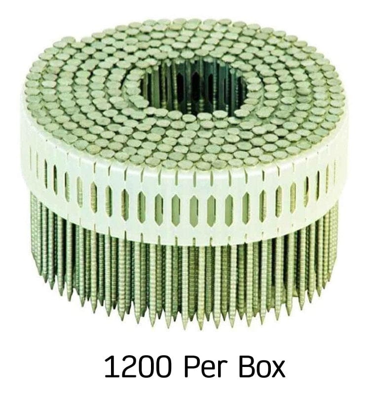 A dense circular coil of 1,200 Kratos 2-1/4 inch ring shank nails featuring a 0-degree plastic sheet collation and a premium hot-dipped galvanized finish for high-performance exterior siding and fencing.