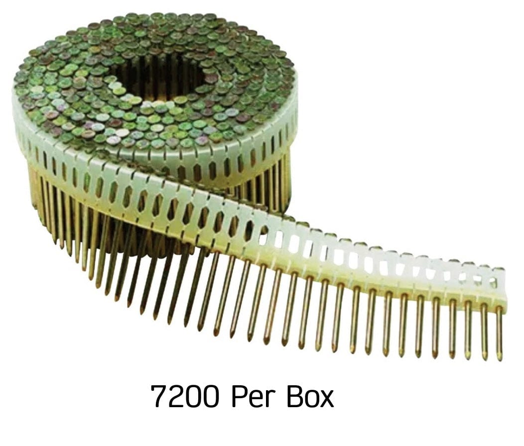 A large circular wire-welded coil of 7,200 Kratos 2-1/4 inch smooth shank nails featuring a thick hot-dipped galvanized finish and 15-degree collation for heavy-duty professional siding and fencing applications.
