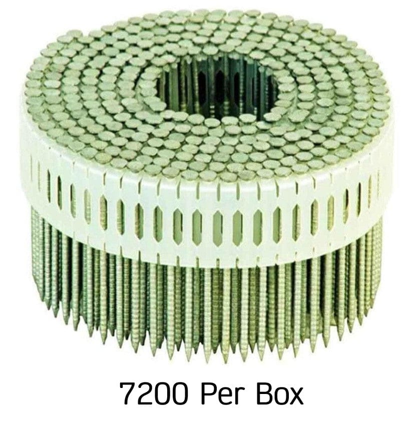 A dense circular coil of 7,200 Kratos 2-1/4 inch ring shank nails featuring 0-degree plastic sheet collation and a premium hot-dipped galvanized finish for high-performance exterior siding and fencing.