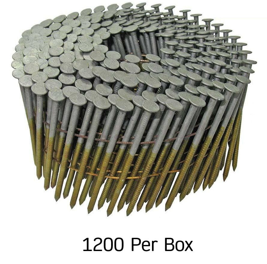 A large circular wire-welded coil of 1,200 Kratos 2-inch ring shank nails featuring a hot-dipped galvanized finish and a 15-degree collation angle for professional siding and fencing applications.