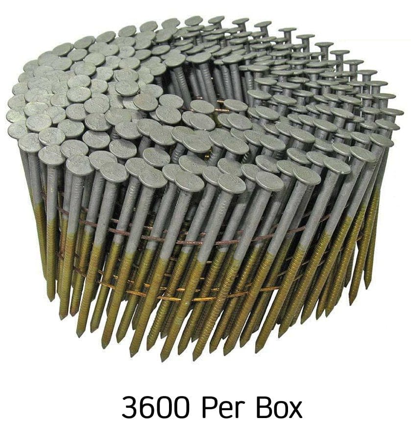 A large circular wire-welded coil of 3,600 Kratos 2-inch ring shank nails featuring a heavy-duty hot-dipped galvanized finish and a 15-degree collation angle for professional siding and fencing installations.