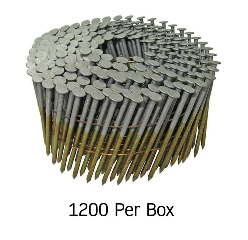 A large wire-welded coil of 1,200 Kratos 2-inch ring shank nails with a hot-dipped galvanized finish for superior rust protection on siding and fencing projects.