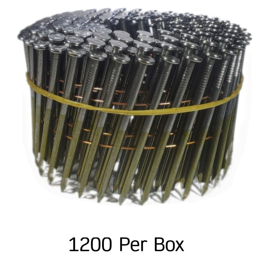 A dense wire-collated coil of 1,200 Kratos 2-inch smooth shank nails with a 15-degree wire weld and a premium hot-dipped galvanized finish for long-lasting corrosion resistance on exterior siding and fencing.