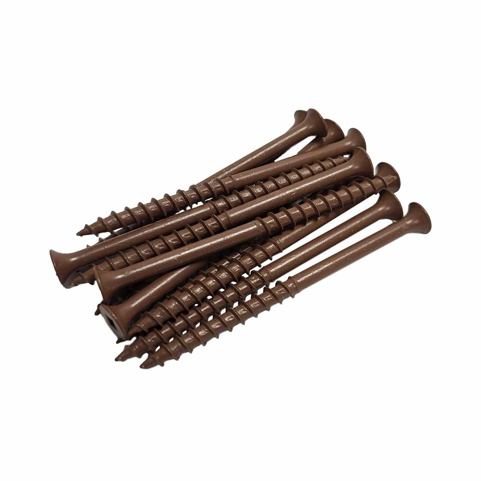 A group of Kratos 3-inch #10 professional deck screws with a weather-resistant brown coating, featuring a bugle head and sharp piercing point for secure outdoor wood-to-wood fastening in fencing and framing projects.