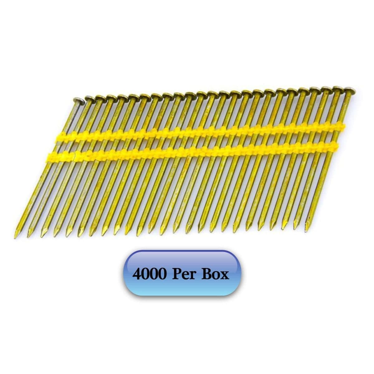 Strip of Kratos 3" screw shank galvanized framing nails collated with yellow plastic strips, arranged diagonally. Nails have flat heads and uniform spacing for use in pneumatic nailers. Text below reads "4000 Per Box," indicating contractor-grade bulk packaging for high-volume framing applications.
