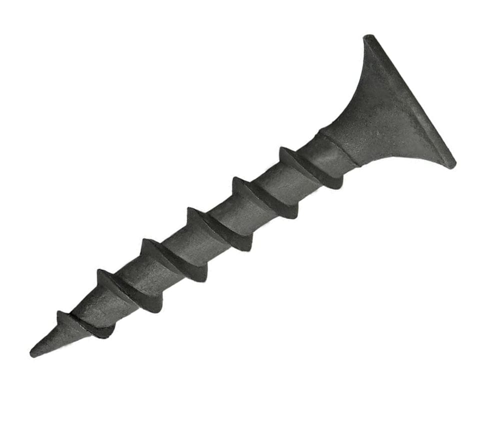 A detailed view of an individual Kratos coarse thread drywall screw featuring a sharp point and bugle head design for industrial construction and professional gypsum hanging.