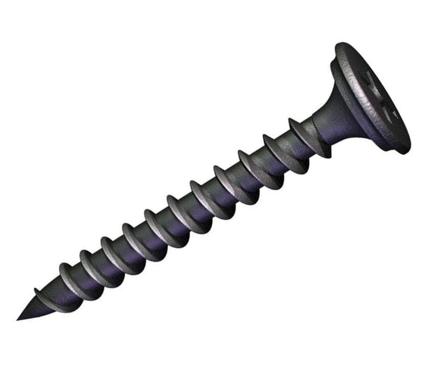 An individual Kratos #6 x 1-1/8 inch fine thread drywall screw featuring a sharp piercing point, protective black phosphate coating, and a reduced Phillips bugle head for light-gauge metal stud applications.