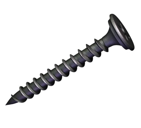 An individual Kratos #6 x 1-1/8 inch fine thread drywall screw featuring a sharp piercing point, protective black phosphate coating, and a reduced Phillips bugle head for light-gauge metal stud applications.