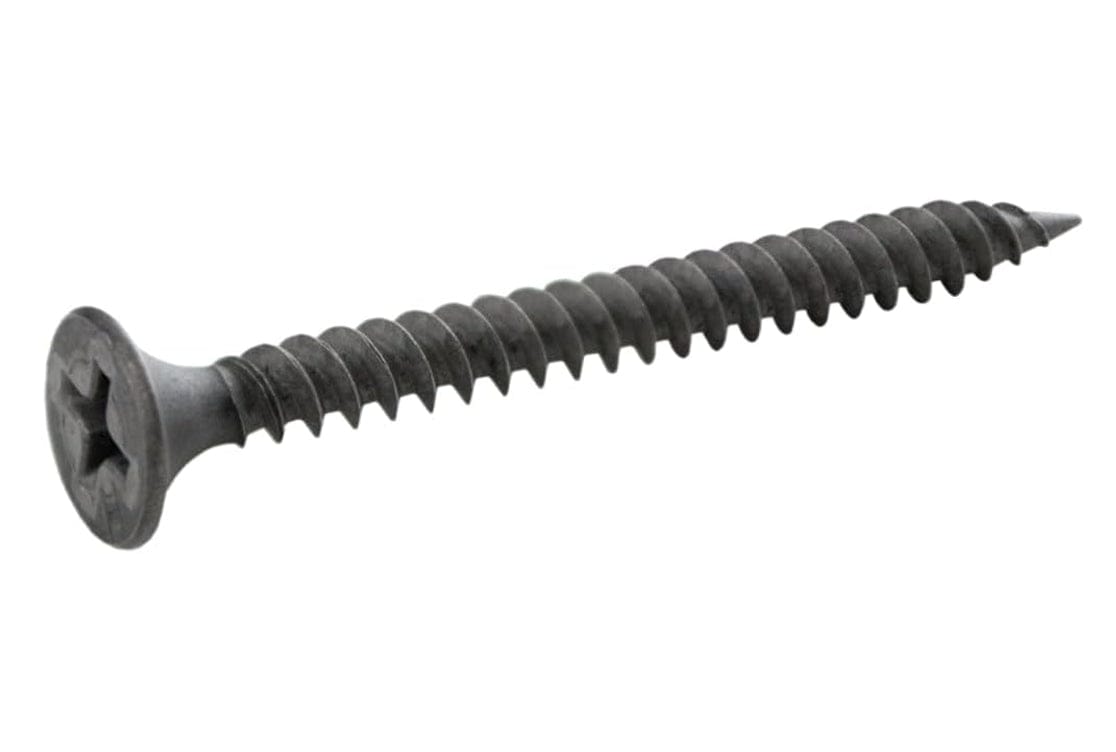 Individual Kratos #6 x 1-5/8 inch fine thread drywall screw featuring a sharp piercing point, protective black phosphate coating, and reduced Phillips bugle head for professional metal stud installation.