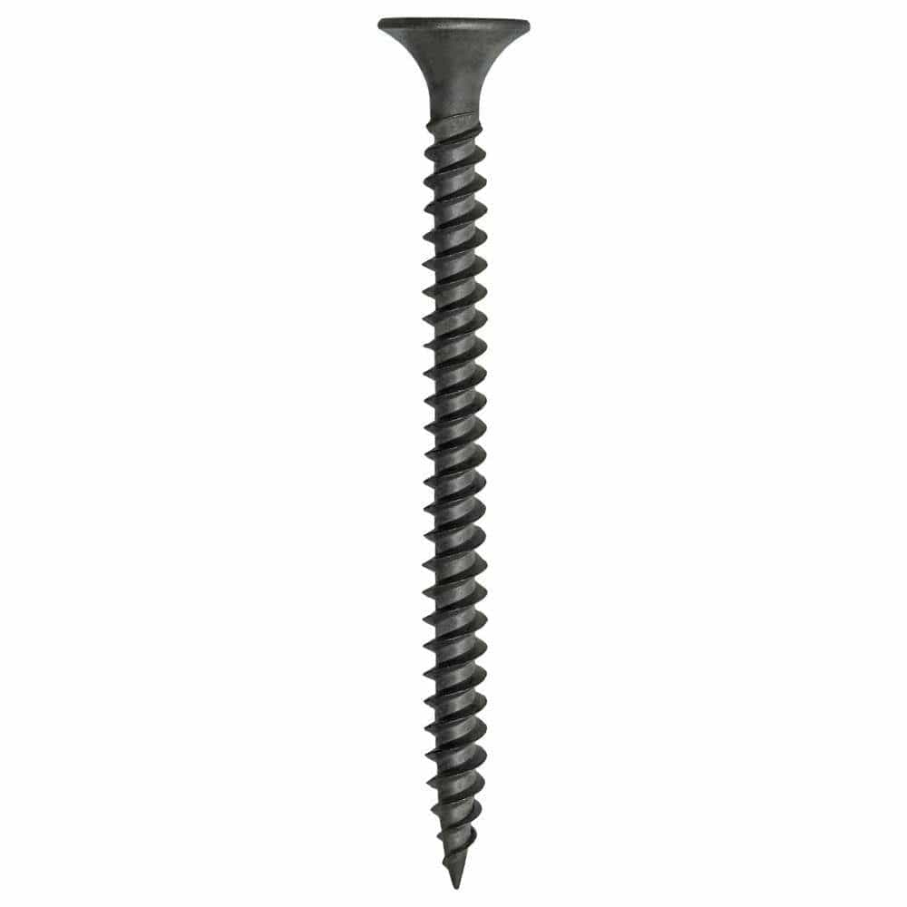 High-resolution vertical view of a Kratos #6 x 2-inch fine thread drywall screw with a sharp point and bugle head in a black phosphate finish.