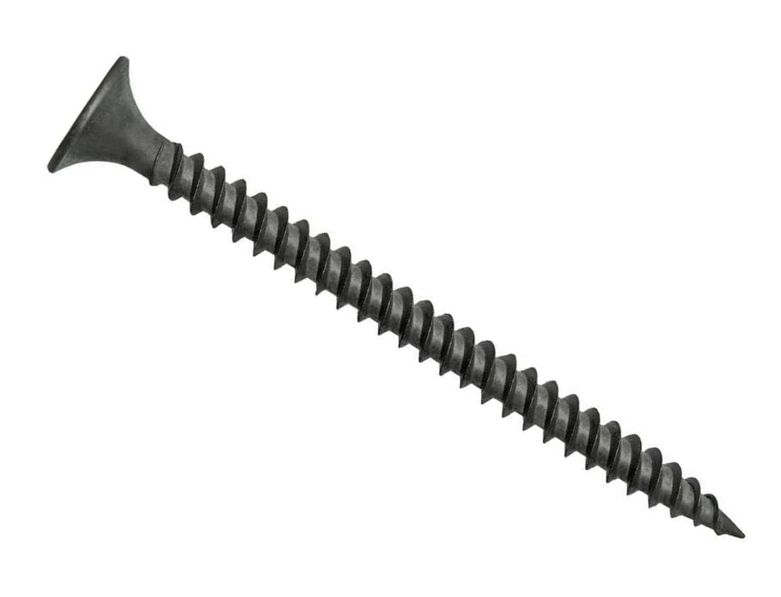 Diagonal view of a Kratos #8 x 2-1/2 inch fine thread drywall screw showcasing the length, sharp point, and Phillips drive bugle head.