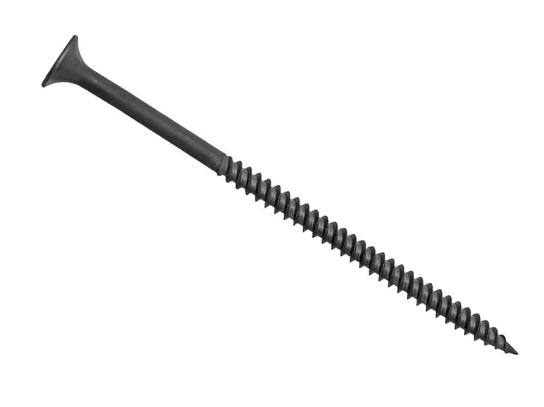 Single Kratos #8 x 3-inch fine thread drywall screw showcasing an extra-long shank, sharp piercing point, black phosphate finish, and reduced Phillips bugle head for commercial metal stud fastening.