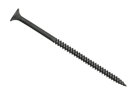 Single Kratos #8 x 3-inch fine thread drywall screw showcasing an extra-long shank, sharp piercing point, black phosphate finish, and reduced Phillips bugle head for commercial metal stud fastening.
