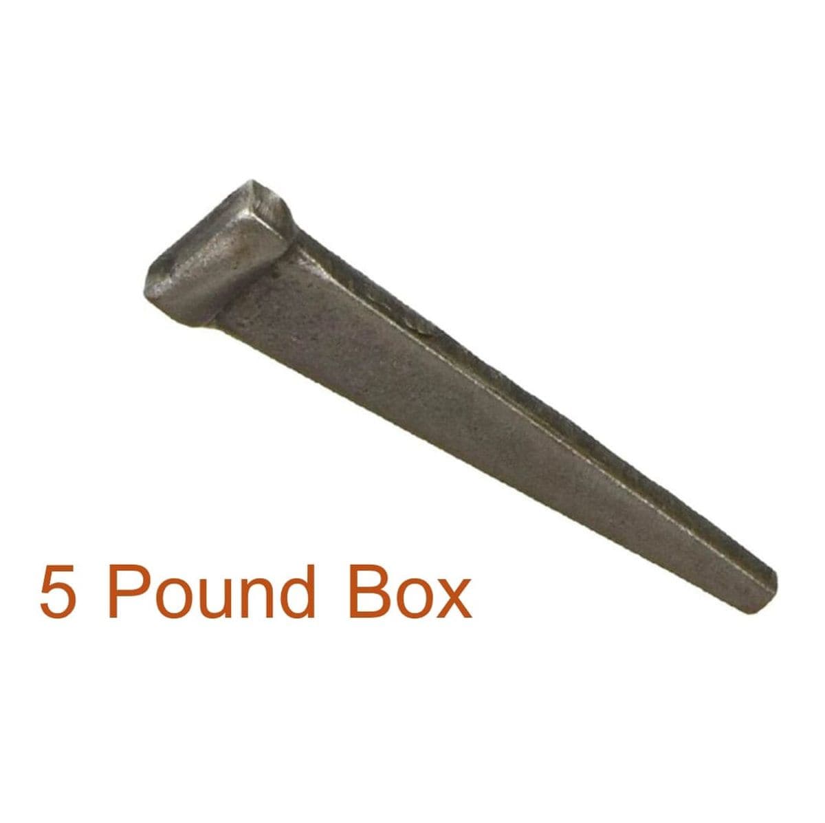 Single steel drive spike with flat head and tapered body, commonly used in railroad or heavy-duty construction. Text below reads "50 Pound Box," indicating bulk packaging. Highlights industrial-grade fastener suitable for anchoring into wood or masonry.