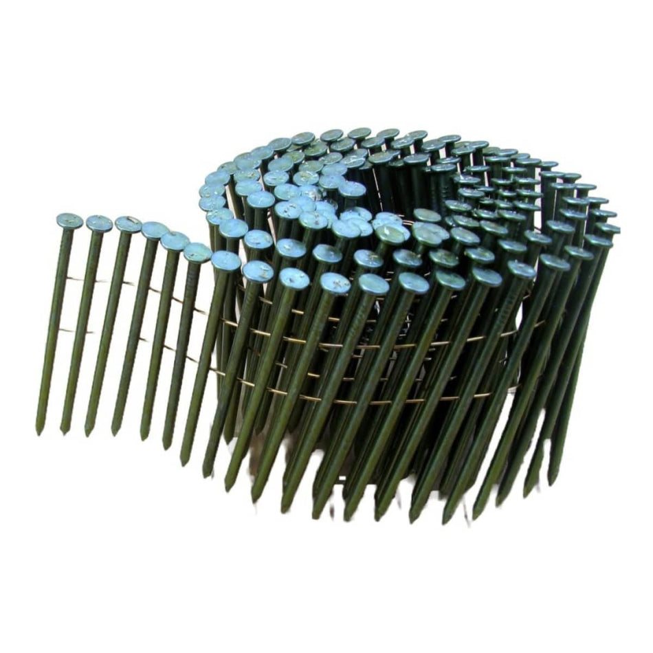 A professional product view of a wire-collated coil of Kratos KBCR5DHDG 1-3/4 inch roofing nails, featuring a hot-dipped galvanized finish for maximum corrosion resistance and a smooth shank design for high-speed pneumatic installation.