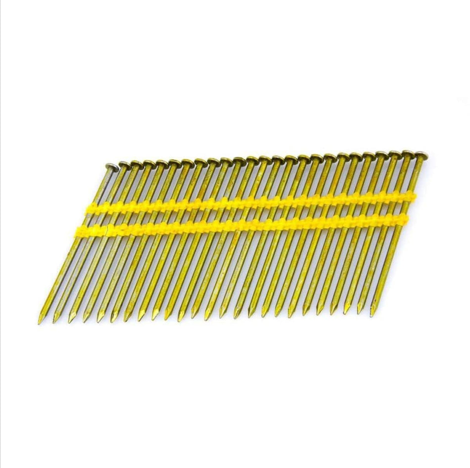 A strip of Kratos KR3120S 3 inch screw shank coated framing nails with yellow plastic collation at a 21 degree angle and full round heads for pneumatic nailers.