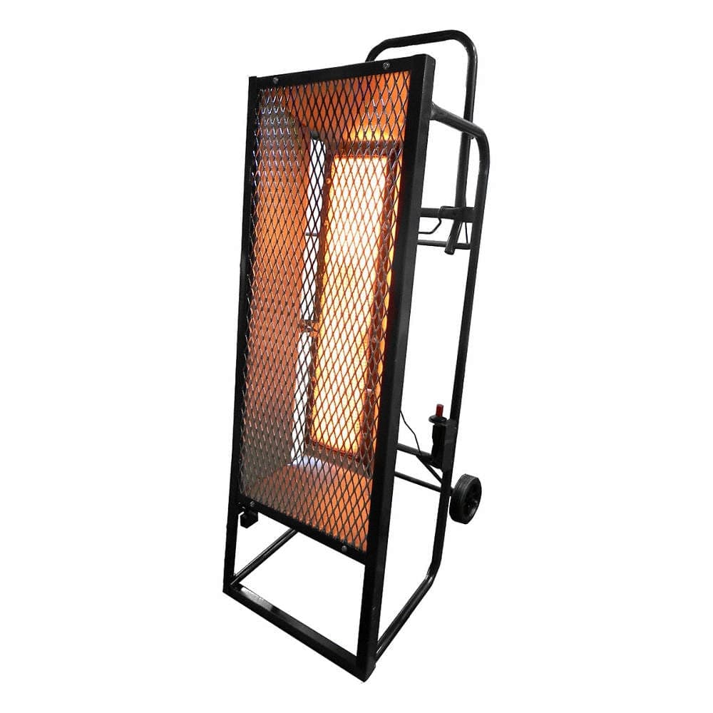 Angled studio view of the black L.B. White Sun Blast 35 radiant heater with the heating element glowing orange inside the safety cage.
