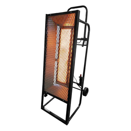Angled studio view of the black L.B. White Sun Blast 35 radiant heater with the heating element glowing orange inside the safety cage.