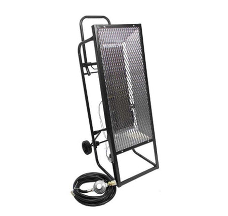 Angled studio shot of the unlit portable radiant heater showing the silver metal safety screen, folding handle, wheels, and attached hose with regulator.