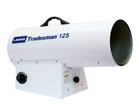 Angled studio view of the white L.B. White Tradesman 125 portable propane forced air heater, featuring the blue logo on the side barrel, a black handle on top, and a variable rate knob on the base.