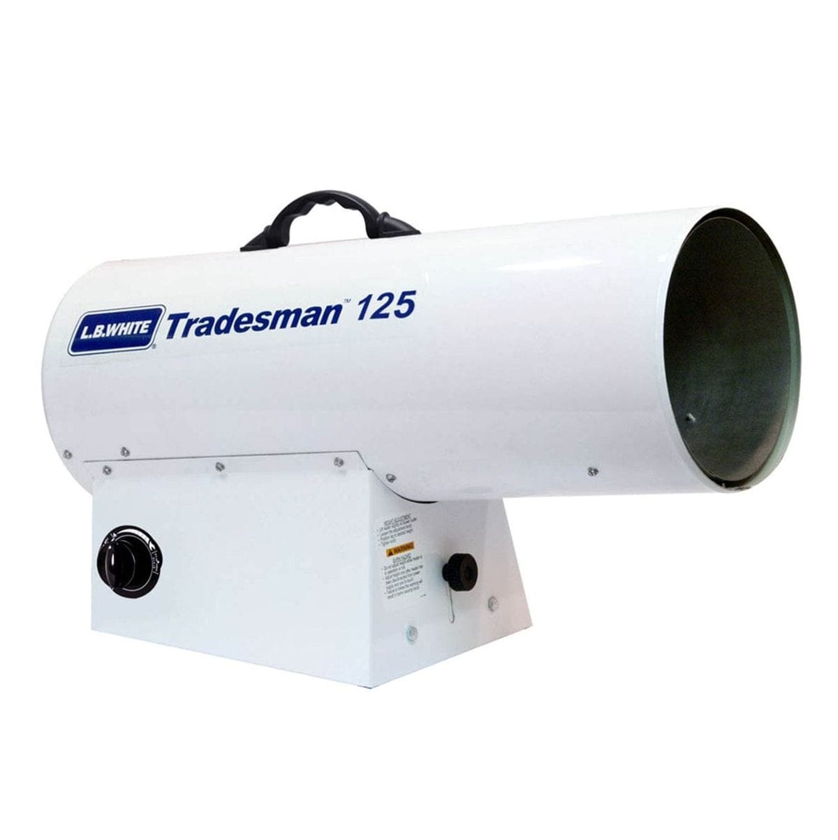 Angled studio view of the white L.B. White Tradesman 125 portable propane forced air heater, featuring the blue logo on the side barrel, a black handle on top, and a variable rate knob on the base.