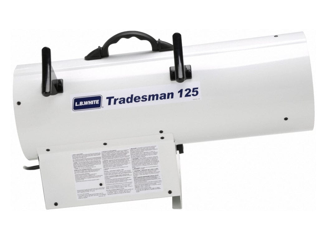 Side profile view of the white Tradesman 125 heater showing the cylindrical body, black power cord extending from the rear, and the safety instruction label on the base.