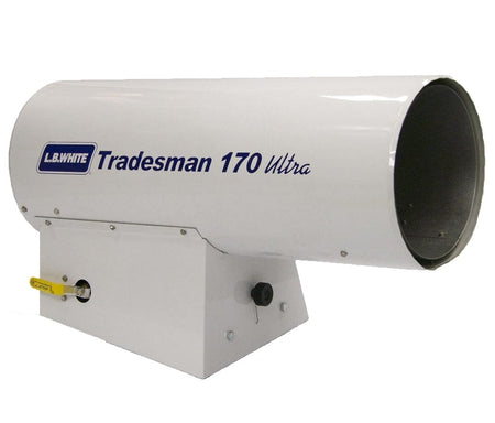 Angled studio view of the white L.B. White Tradesman 170 Ultra portable propane forced air heater, featuring the blue logo on the side barrel and a yellow gas valve lever on the base.
