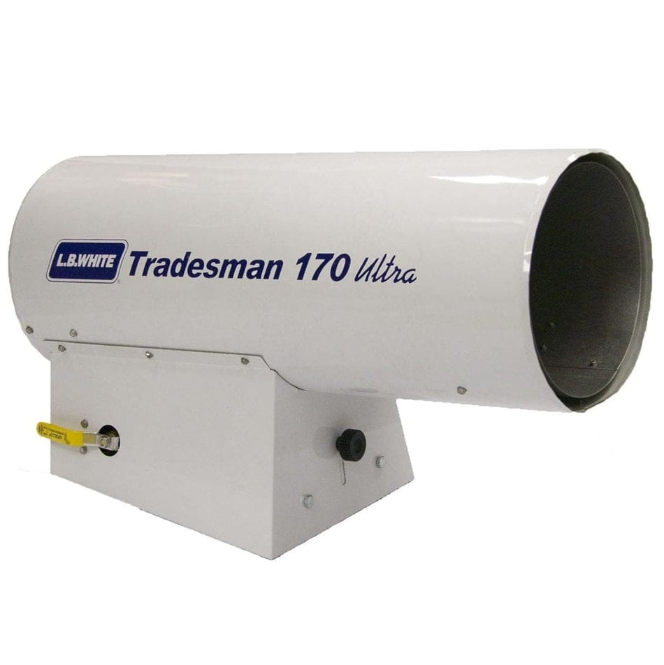 Angled studio view of the white L.B. White Tradesman 170 Ultra portable propane forced air heater, featuring the blue logo on the side barrel and a yellow gas valve lever on the base.