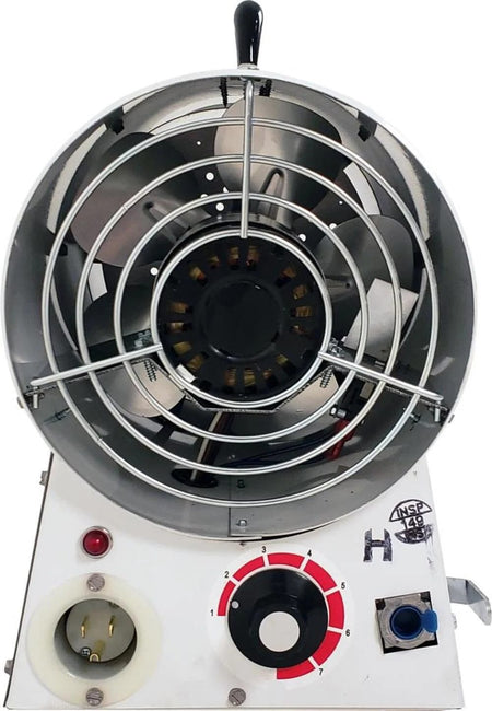 Close-up rear view of the heater showing the metal fan guard, the red thermostat dial, the power inlet, and the diagnostic light.